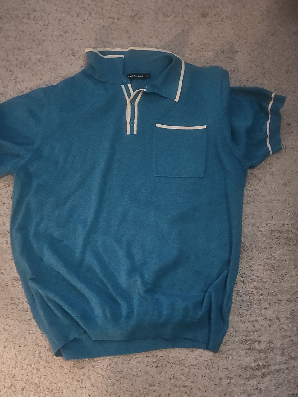 Paul Fredrick Teal Short-Sleeve Polo Sweater with Cream Trim 100%supima Cotton